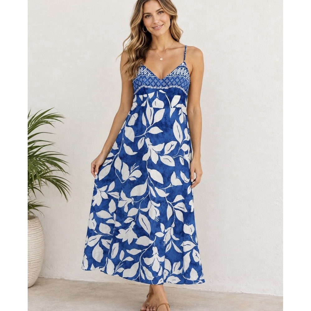 ZARA Linen Blue Floral Dress Womens L Tropical Hawaiian Resort Vacation Aloha